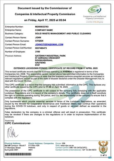 South Africa certificate of company registration Word and PDF template, version 3
